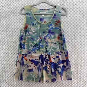 Moulinette Soeurs Top Women 6 Green Silk Watercolor Art To Wear Tank Crew Neck